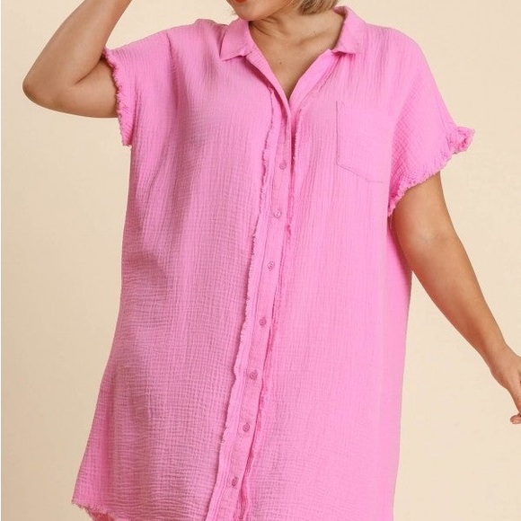 Umgee Gauze Shirt Dress in Bubble Pink - Picture 1 of 6